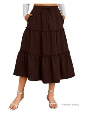 Tiered Midi Skirt Flowy Boho Casual Skirt with Pockets